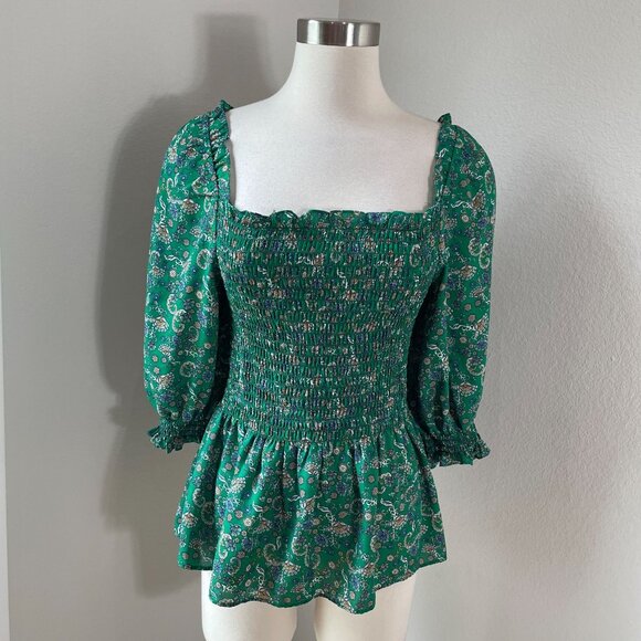 Max Studio Womens Large Green Floral Smocked Peplum Top Square Neck Blouse Shirt - Picture 1 of 10